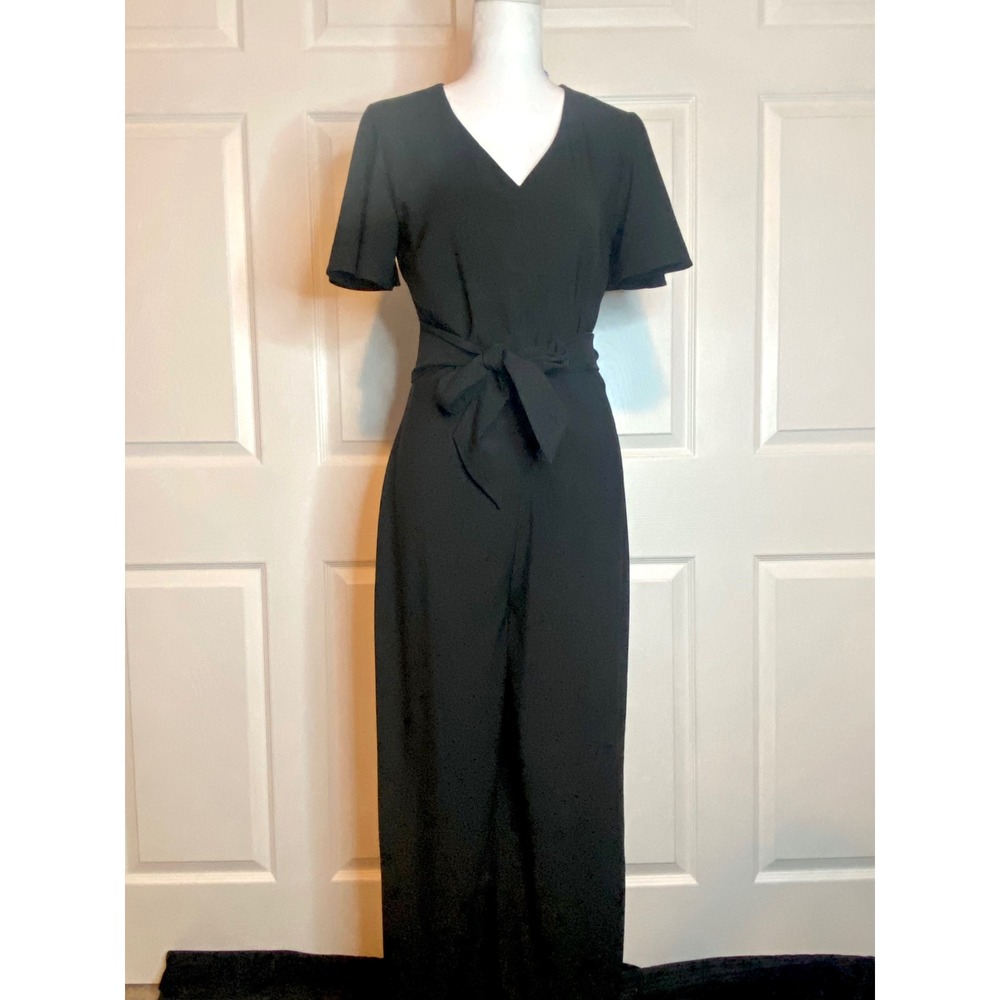 Preston & York Black Wide Leg Jumpsuit V-Neck Tie Waist Flutter Sleeve Size 6